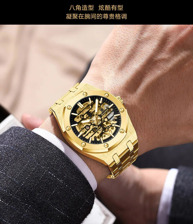 Luxury Men’s Automatic Mechanical Watch, Skeleton Design Self-Winding Wristwatch, Hot-Selling Export Business Watch