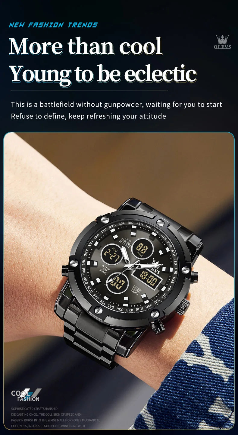 OLEVS 2024 New Mens Watches Top Brand Luxury Sport Digital Quartz Wristwatch For Men All Steel Military Waterproof Clock+Box