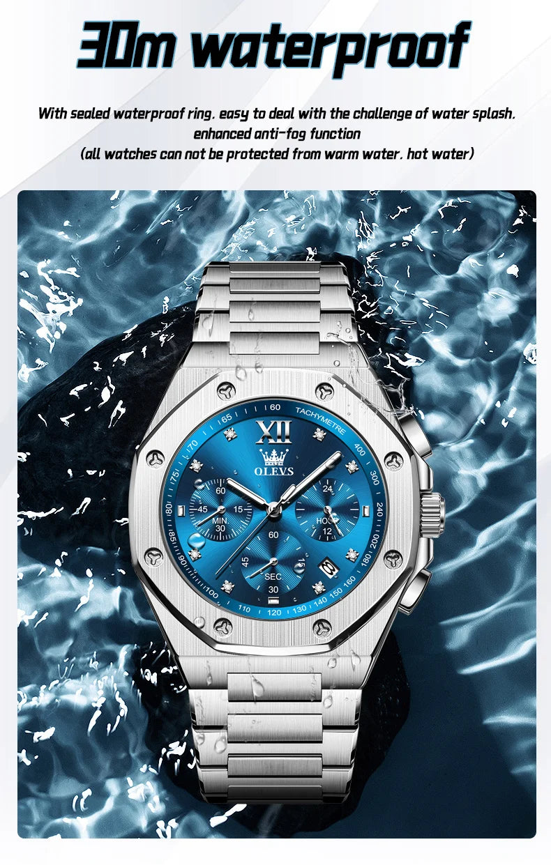 OLEVS Men's Watches Classic Luxury Top Brand Fine Steel Original Quartz Wristwatch for Man Waterproof Luminous Date Chronograph