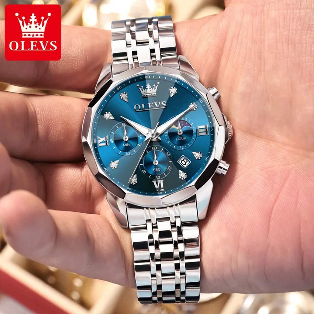 OLEVS 3670 Men's Watches Solid Steel Strap Rhombus Mirror 24Hour Moon Phase Waterproof Luminous Chronograph Quartz Watch for Men