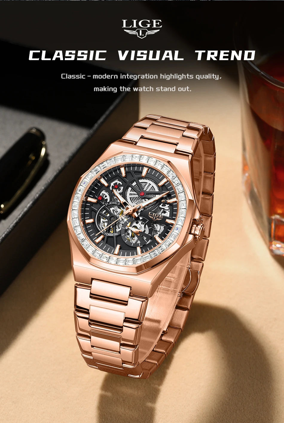 LIGE New Luxury Rose Gold Waterproof Watches For Men Casual Business Watch Men Luminous Automatic Men's Mechanical Wristwatch