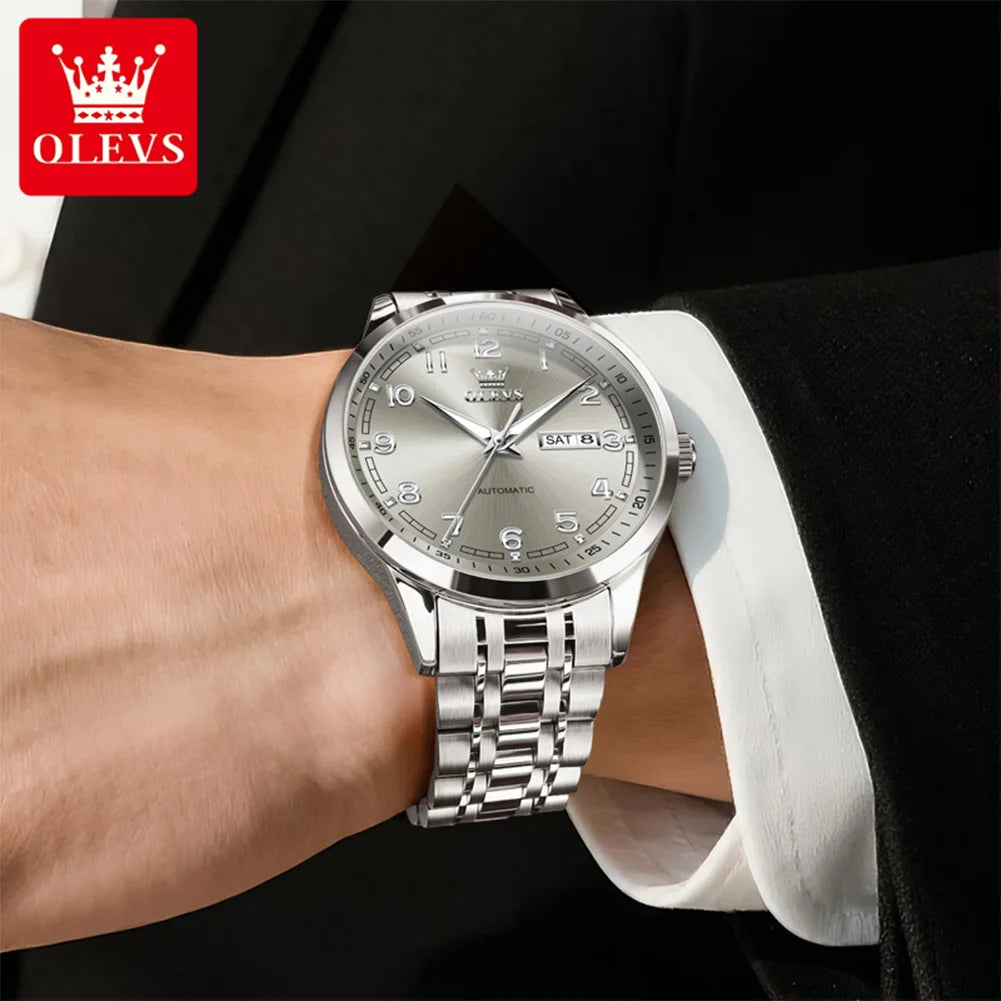 OLEVS Luxury Watch For Men automatic mechanical Wristwatches Classic Men Watch Waterproof Gray Dial Luxury Brand Date Week 7077