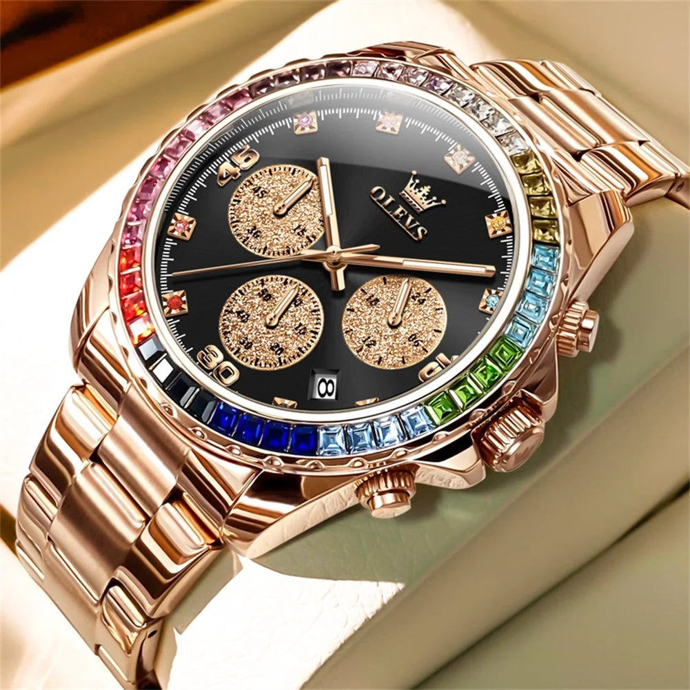 Watches For Men OLEVS Original Rainbow Gem Light Rose Gold Luxury Series Quartz Watch Waterproof Steel Strap Men's Watch New