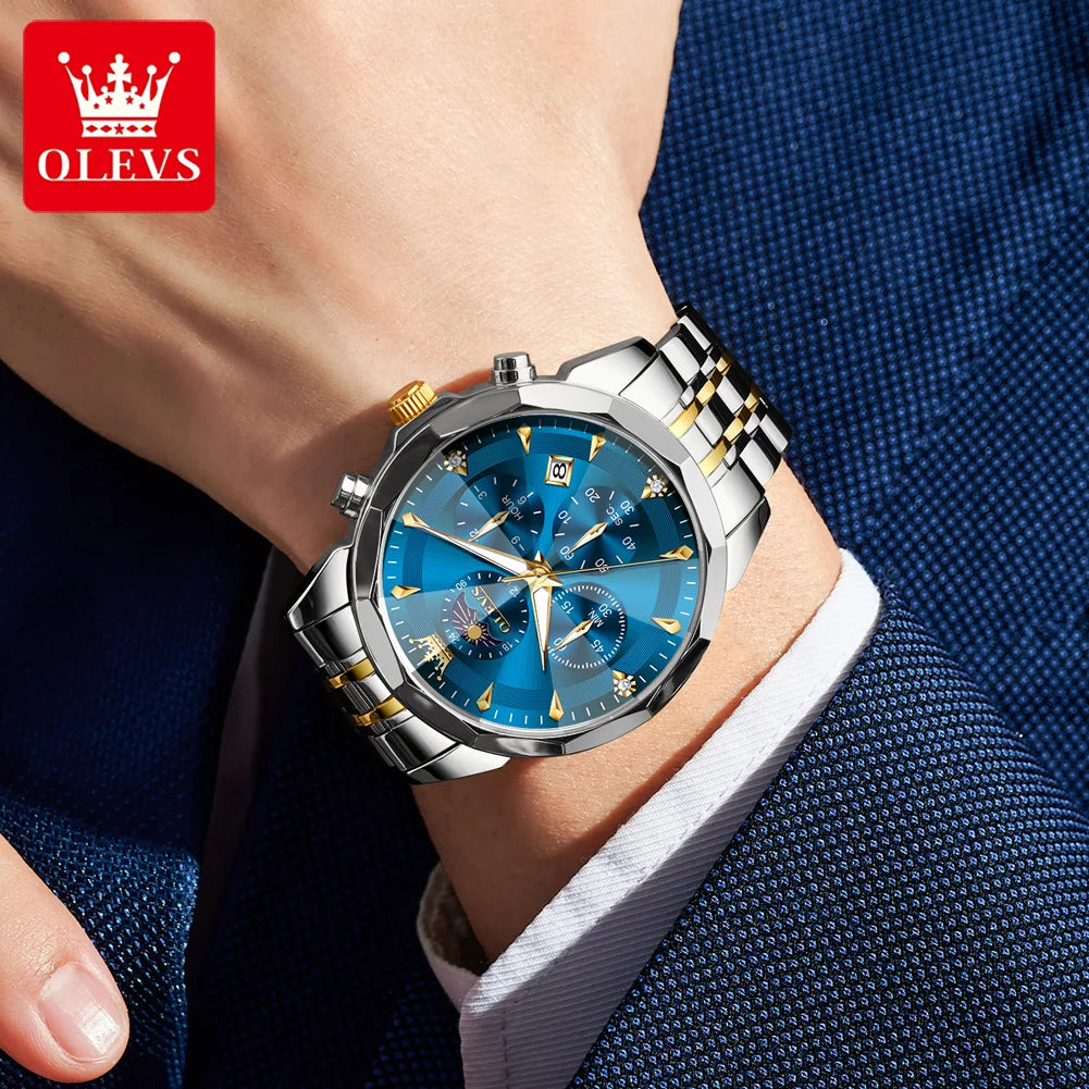 OLEVS Hot Sale Men's Watches Original Brand Quartz Watch Rhombus Mirror Waterproof Luminous Chronograph Moon Phase Watches 3673
