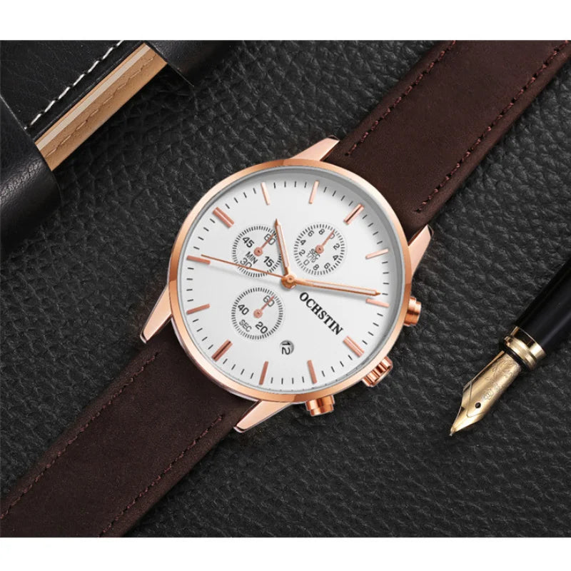 Quartz Watch for Man Multifunctional Chronography Series with 42mm Dial and 10mm Thickness Leather Strap Waterproof 3ATM