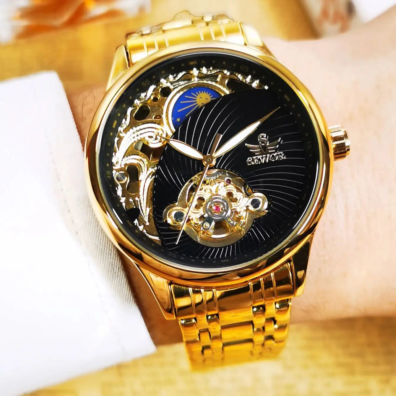 Royal Tourbillon Skeleton Watch for Men Gold Retro Automatic Mechanical Watches Stainless Steel Strap Luxury Brand Wristwatches