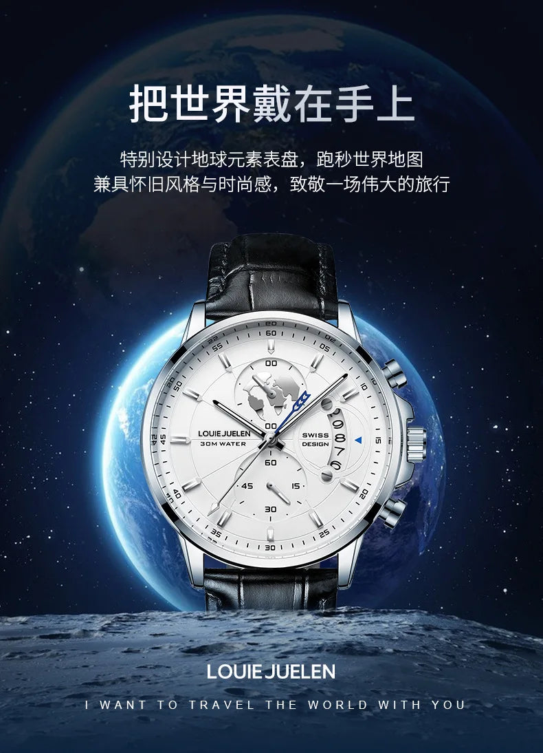 LOUIE JUELEN New Hot-Selling Men's Business Watch - Genuine Leather Strap Chronograph 3Eye Luminous Waterproof Quartz Wristwatch
