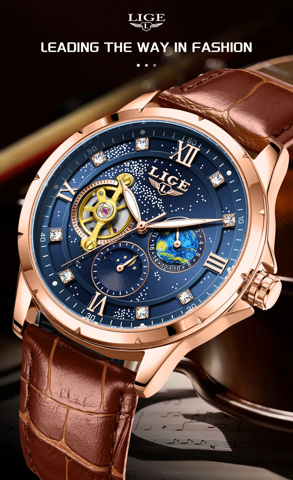 LIGE Top Luxury Mechanical Watches Men Fashion Diamonds Automatic Mens Watch 30M Waterproof Luminous Wristwatch Male Reloj 2026