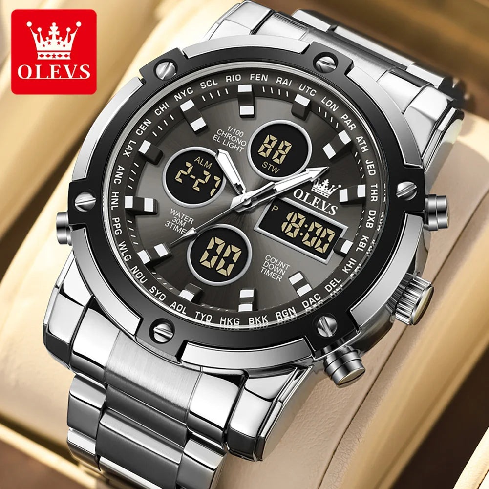 OLEVS 2024 New Mens Watches Top Brand Luxury Sport Digital Quartz Wristwatch For Men All Steel Military Waterproof Clock+Box