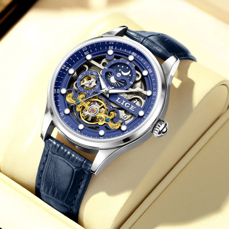 Reloj Hombre Watches Mens LIGE Top Brand Luxury Skeleton Tourbillon Automatic Mechanical Watch for Men Waterproof+Watch Box