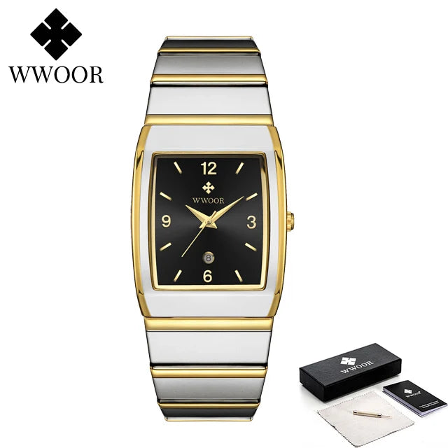 Relogio Masculino WWOOR New Man's Square Watch For Men with Automatic Date Luxury Stainless Steel Gold Mens Quartz Wrist Watches