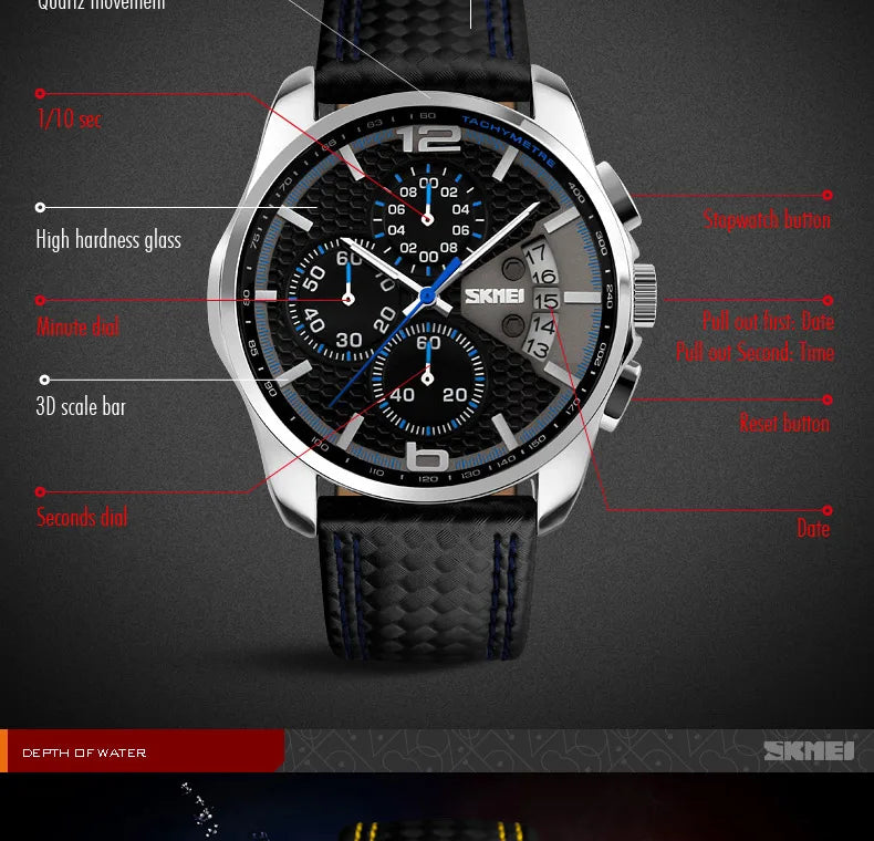 Skmei Top Brand Luxury Leather Strap 5Bar Waterproof Quartz Wristwatches Relogio Masculino Fashion Sport Mens Watches 9106