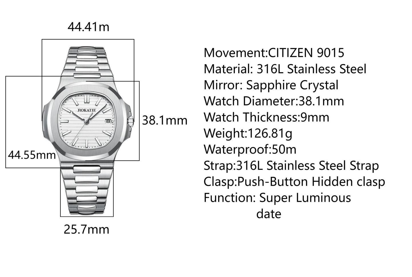 ROKATIE 2024 Luxury 9015 Japanese Movement Stainless Steel Watch 38mm Case Luminous Feature Day 50m Waterproof Watches for men