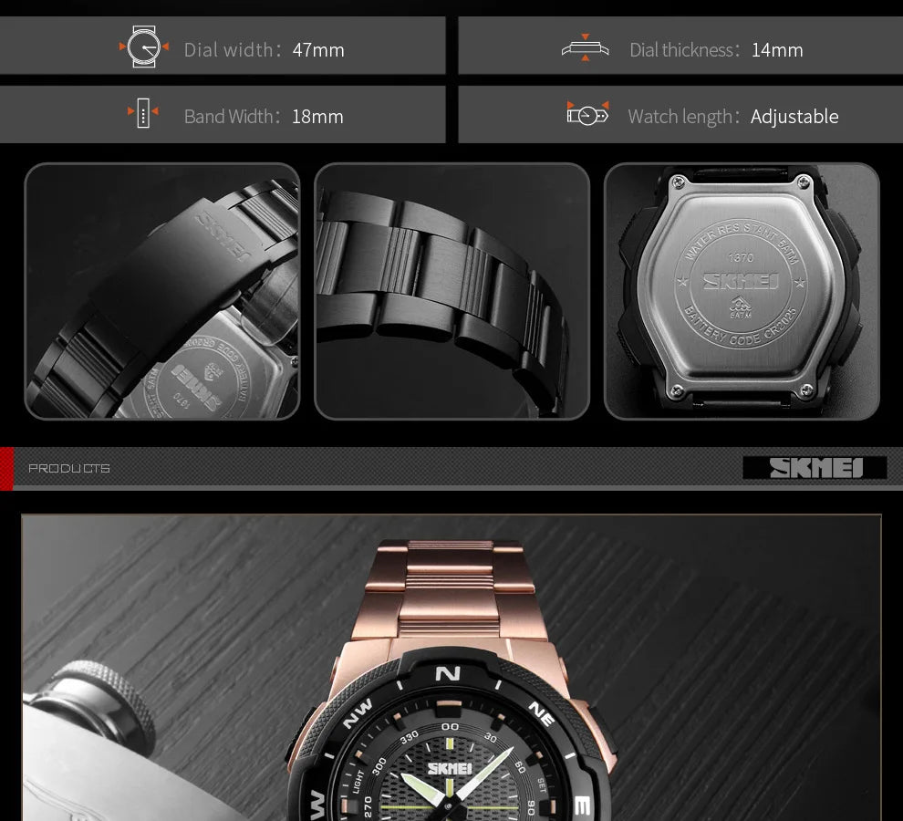 SKMEI 1370 Luxury Full Steel Business Waterproof Watch Relogio Masculino Watch Men Fashion Sport Quartz Clock Mens Watches