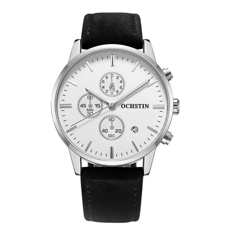 Quartz Watch for Man Multifunctional Chronography Series with 42mm Dial and 10mm Thickness Leather Strap Waterproof 3ATM