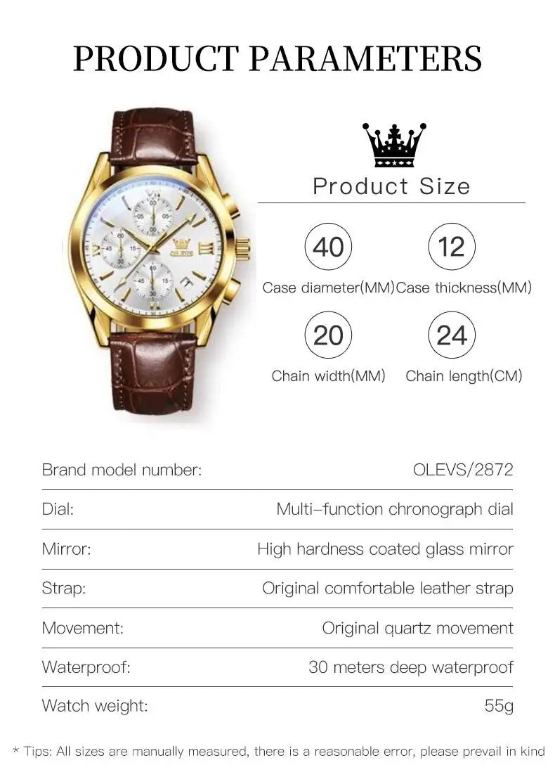 OLEVS 2872 Chronograph Men's Wristwatches Leather Strap Waterproof Luminous Original Quartz Watch for Men Luxury Sport Man Watch