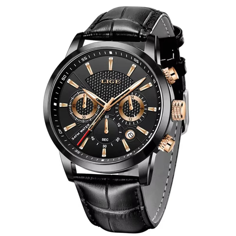 2023 New Mens Watches LIGE Top Brand Leather Chronograph Waterproof Sport Automatic Date Quartz Watch For Men Relogio Masculino