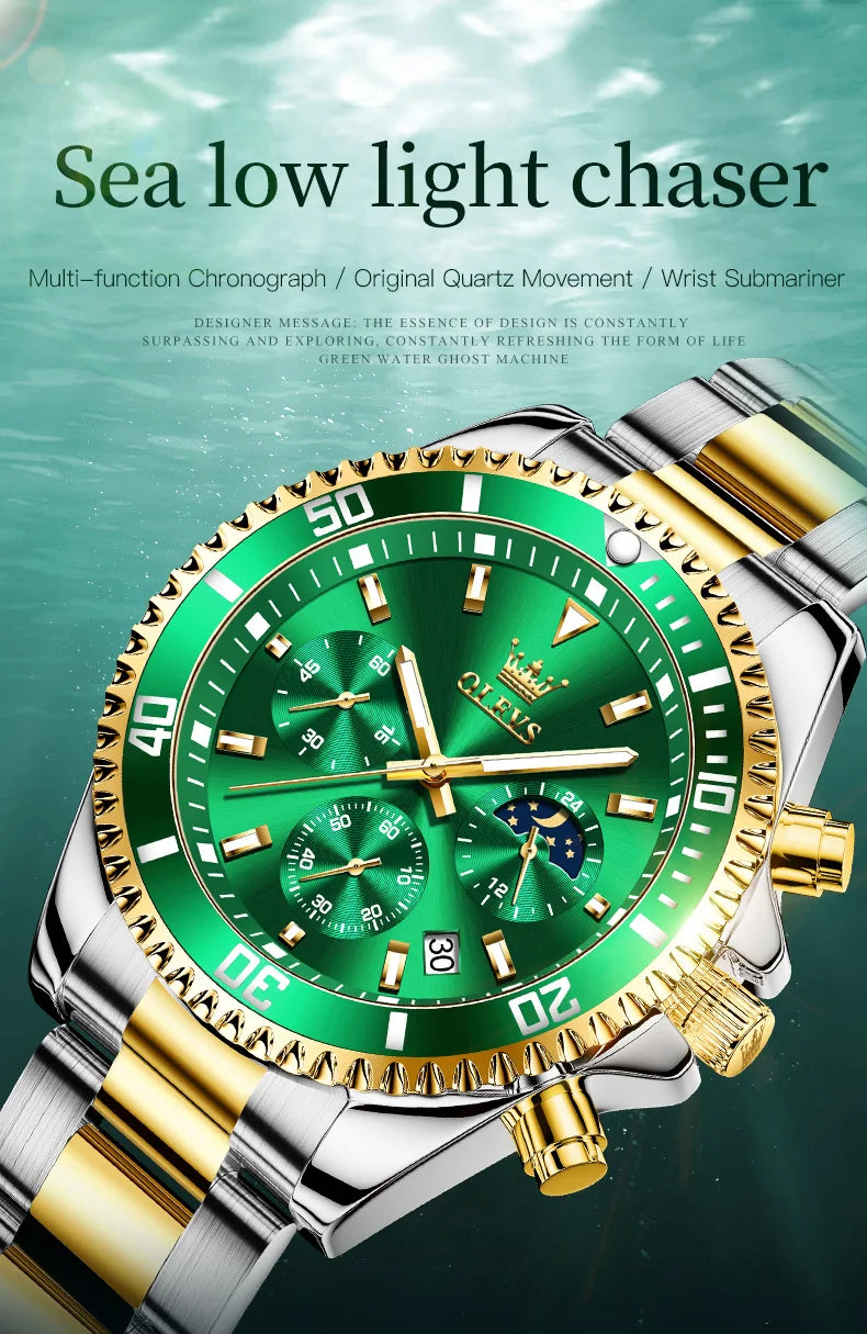 OLEVS Men's Watches Top Brand Luxury Watch for Men Original Waterproof Stainless Steel Chronograph Moon Phase Date Rota Dial