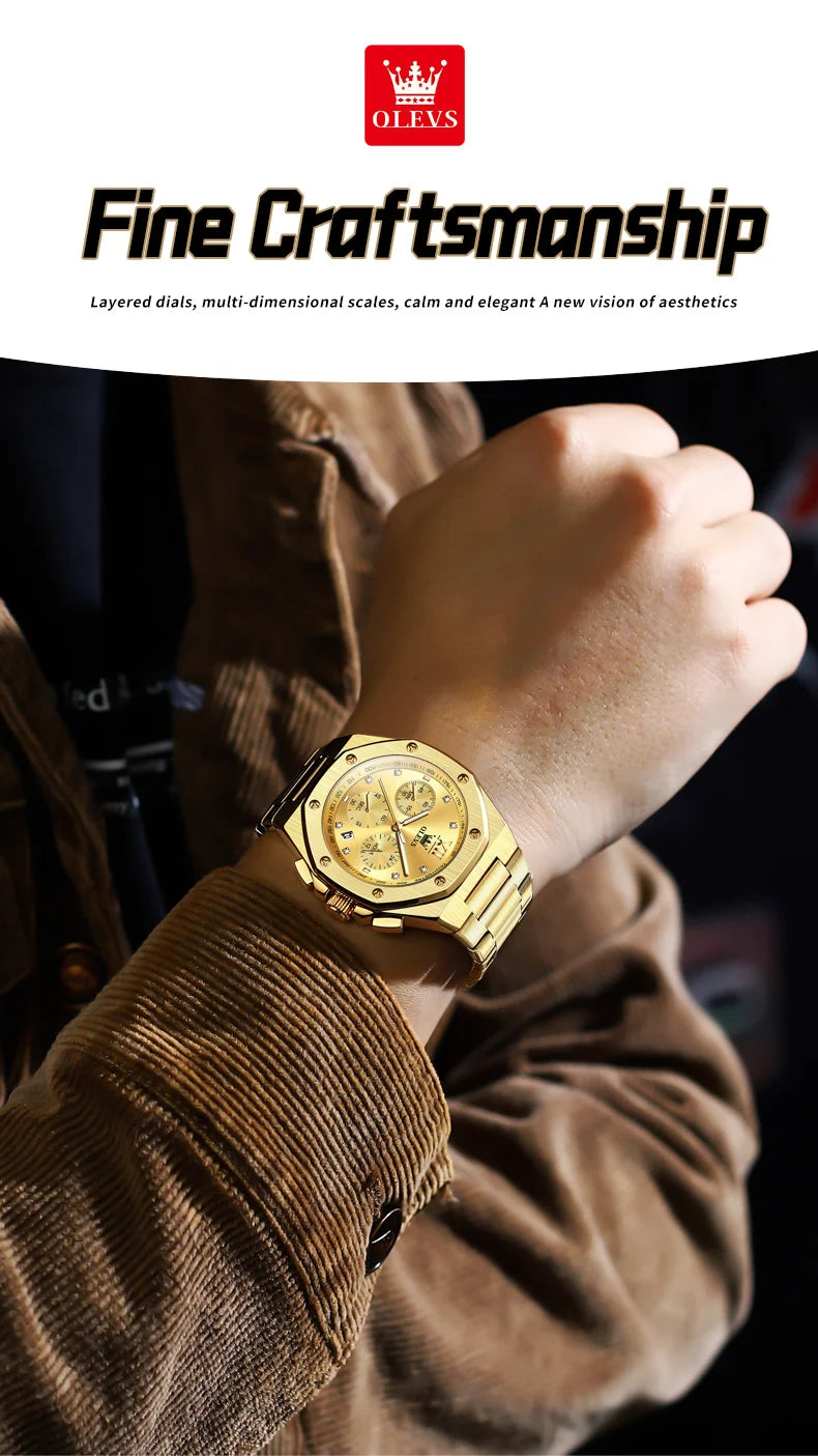 OLEVS Men's Watches Classic Luxury Top Brand Fine Steel Original Quartz Wristwatch for Man Waterproof Luminous Date Chronograph