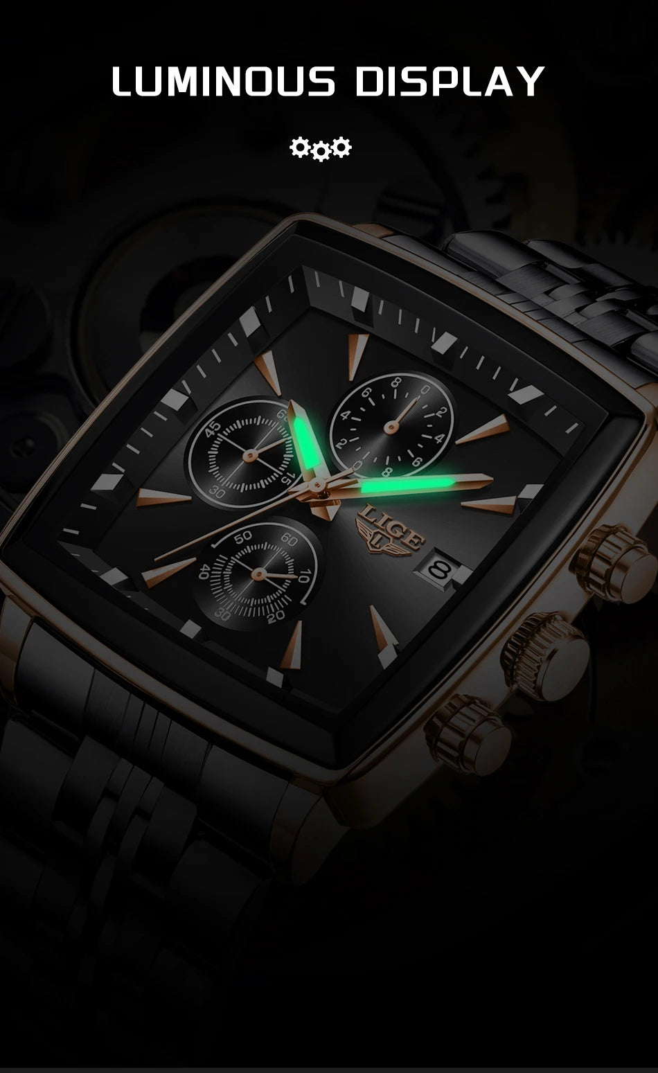 LIGE Fashion Luxury  Watches for Men Square Dial Stainless Steel Waterproof Luminous Auto Date Chronograph Quartz Man Watch+Box