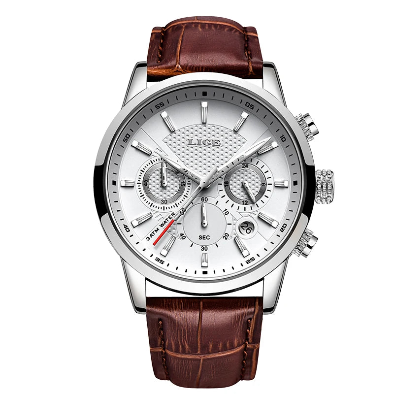 2023 New Mens Watches LIGE Top Brand Leather Chronograph Waterproof Sport Automatic Date Quartz Watch For Men Relogio Masculino