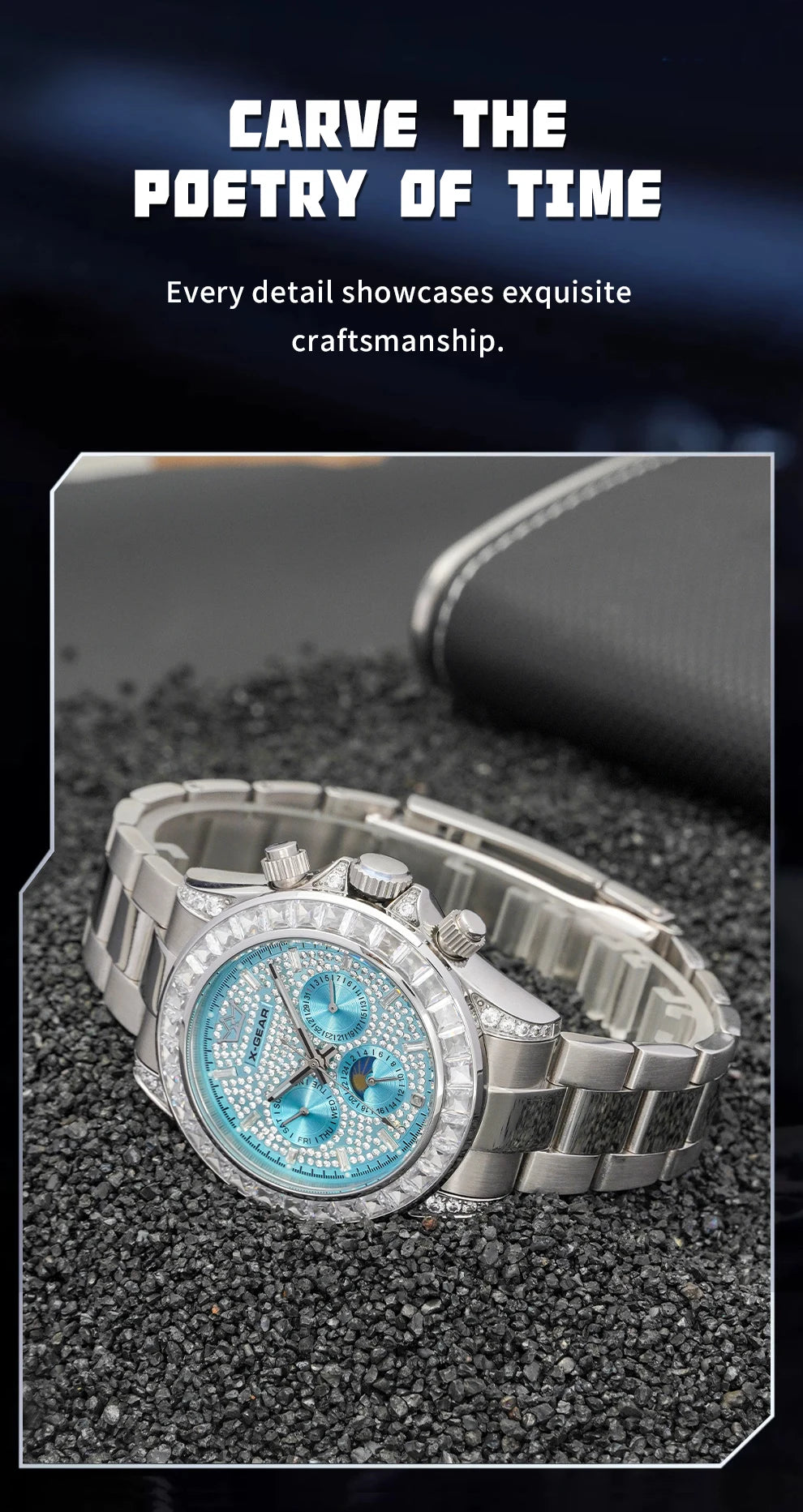 X-GEAR Men's Watch Automatic Mechanical with Diamond Dial Luminous Moon Phase Water-Resistant (Gift)