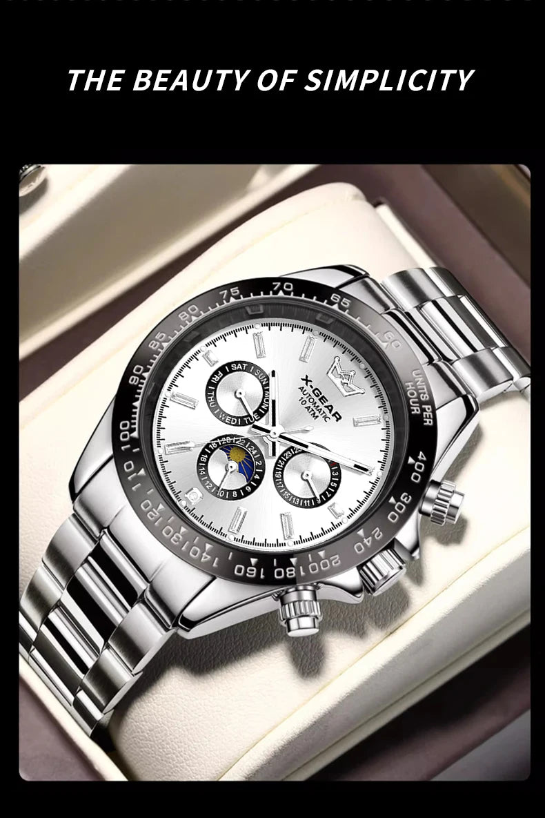 New Luxury Men's Watch – Automatic Mechanical Triple Sub-Dial Six-Hand Water-Resistant Luminous Stainless Steel Wristwatc