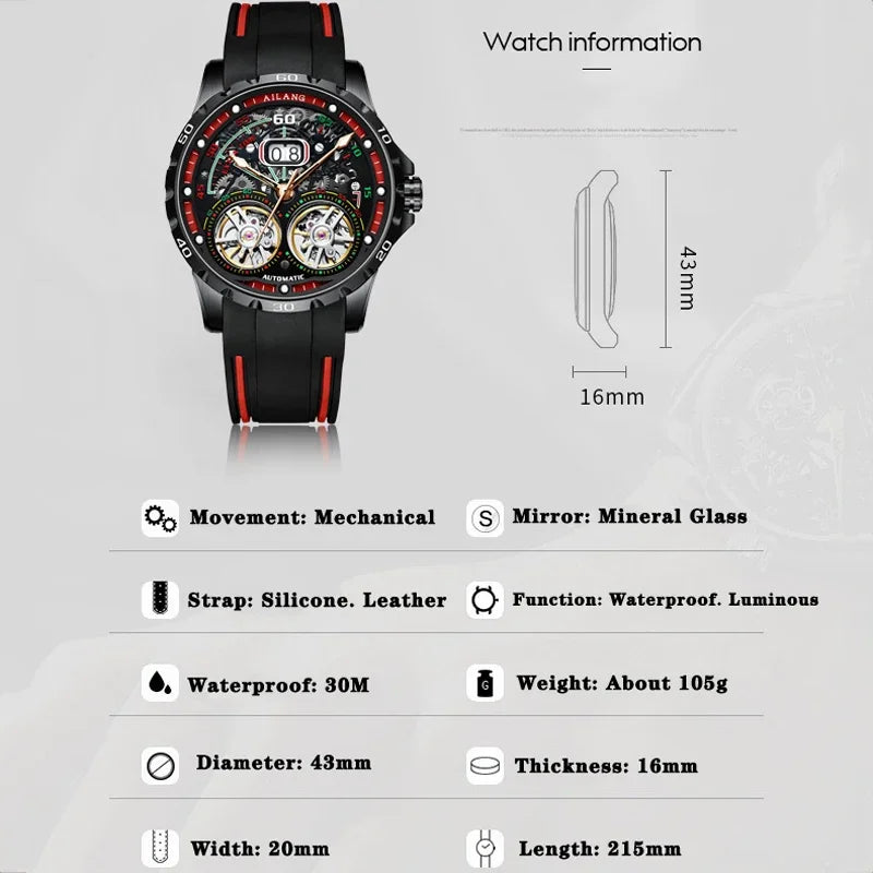 Luxury Sports Double Tourbillon Watches for Men Fashion Calendar Mechanical Watch Waterproof Luminous Clock Mens
