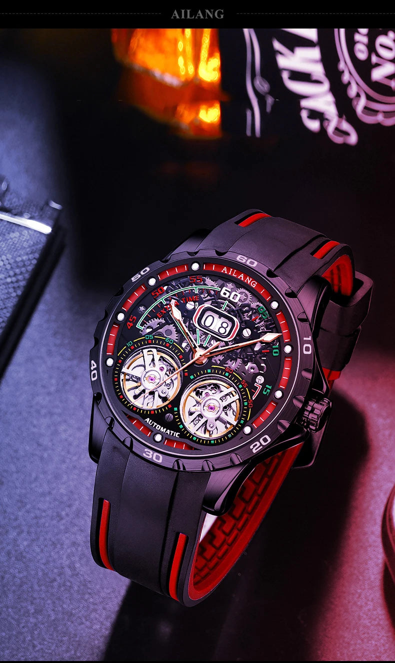 Luxury Sports Double Tourbillon Watches for Men Fashion Calendar Mechanical Watch Waterproof Luminous Clock Mens