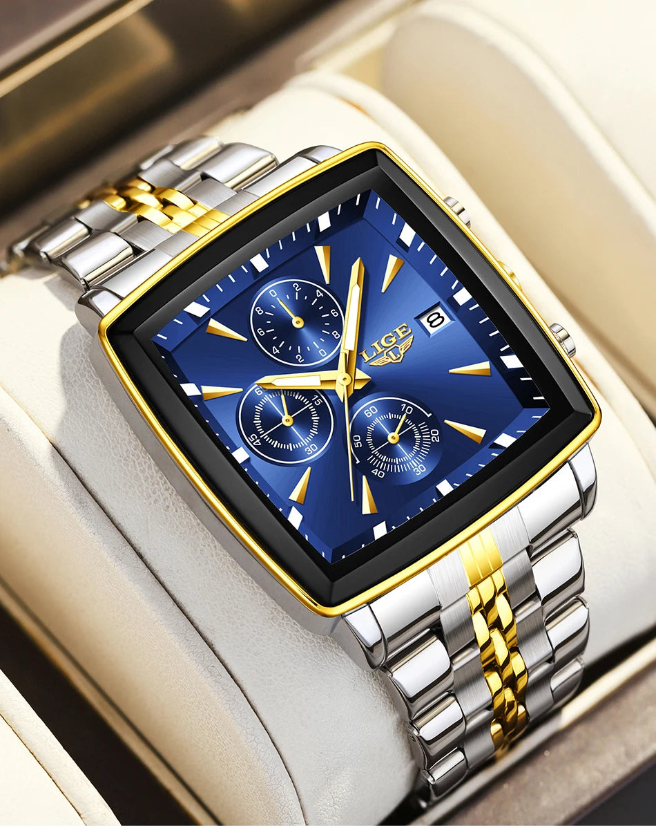 LIGE Fashion Luxury  Watches for Men Square Dial Stainless Steel Waterproof Luminous Auto Date Chronograph Quartz Man Watch+Box
