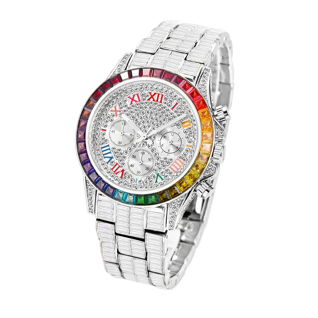 Chronograph Men Quartz Watches Waterproof Rainbow Diamond Luxury Iced Out Watches For Men Gift Dropshipping uhren für herren