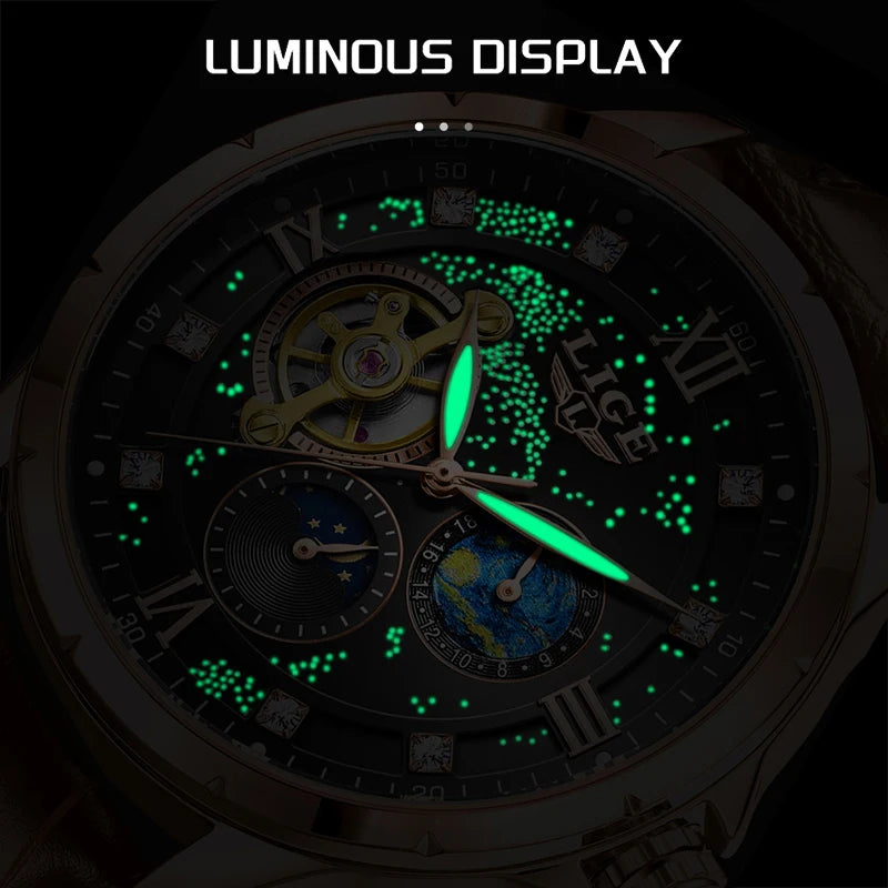 LIGE Top Luxury Mechanical Watches Men Fashion Diamonds Automatic Mens Watch 30M Waterproof Luminous Wristwatch Male Reloj 2026