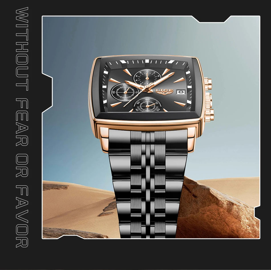LIGE Fashion Luxury  Watches for Men Square Dial Stainless Steel Waterproof Luminous Auto Date Chronograph Quartz Man Watch+Box