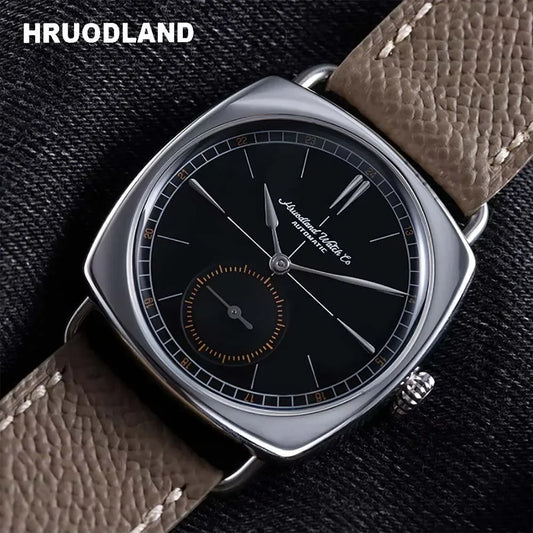 Hruodland 2024 New Retro Men's Automatic Mechanical Watches F028 Stainless steel brown leather Waterproof 10Bar reloj hombre