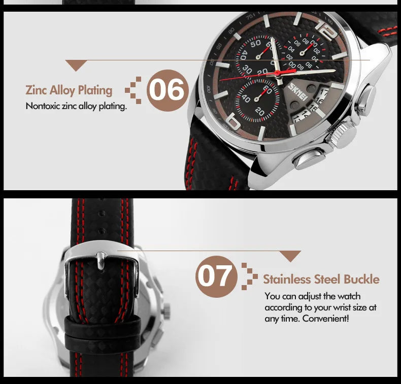 Skmei Top Brand Luxury Leather Strap 5Bar Waterproof Quartz Wristwatches Relogio Masculino Fashion Sport Mens Watches 9106