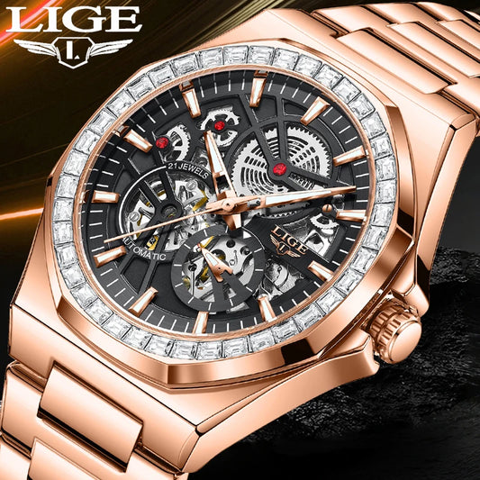 LIGE New Luxury Rose Gold Waterproof Watches For Men Casual Business Watch Men Luminous Automatic Men's Mechanical Wristwatch