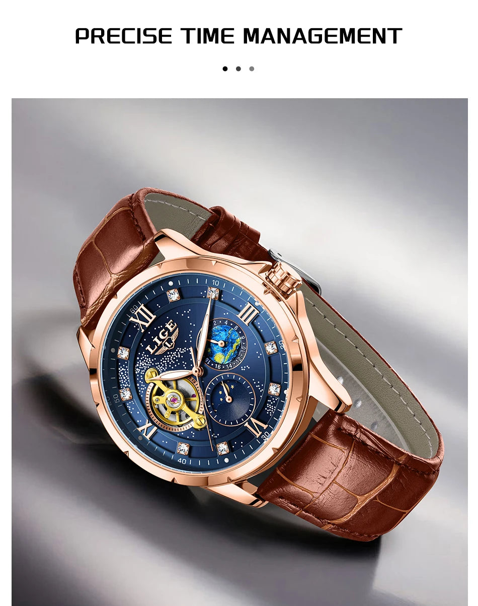 LIGE Top Luxury Mechanical Watches Men Fashion Diamonds Automatic Mens Watch 30M Waterproof Luminous Wristwatch Male Reloj 2026