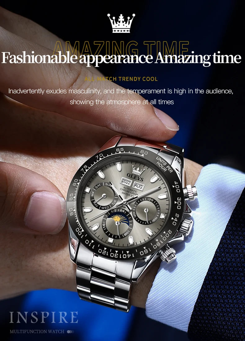 OLEVS 6654 Top Brand Men's Watches Classic Fashion Automatic Mechanical Watch for Man Complete Calendar Moon Phase Waterproof