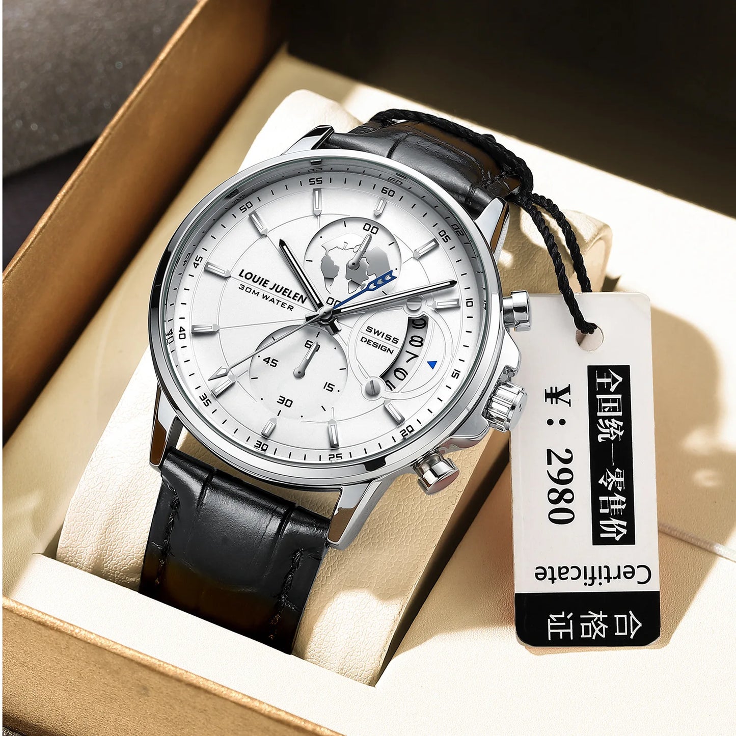 LOUIE JUELEN New Hot-Selling Men's Business Watch - Genuine Leather Strap Chronograph 3Eye Luminous Waterproof Quartz Wristwatch