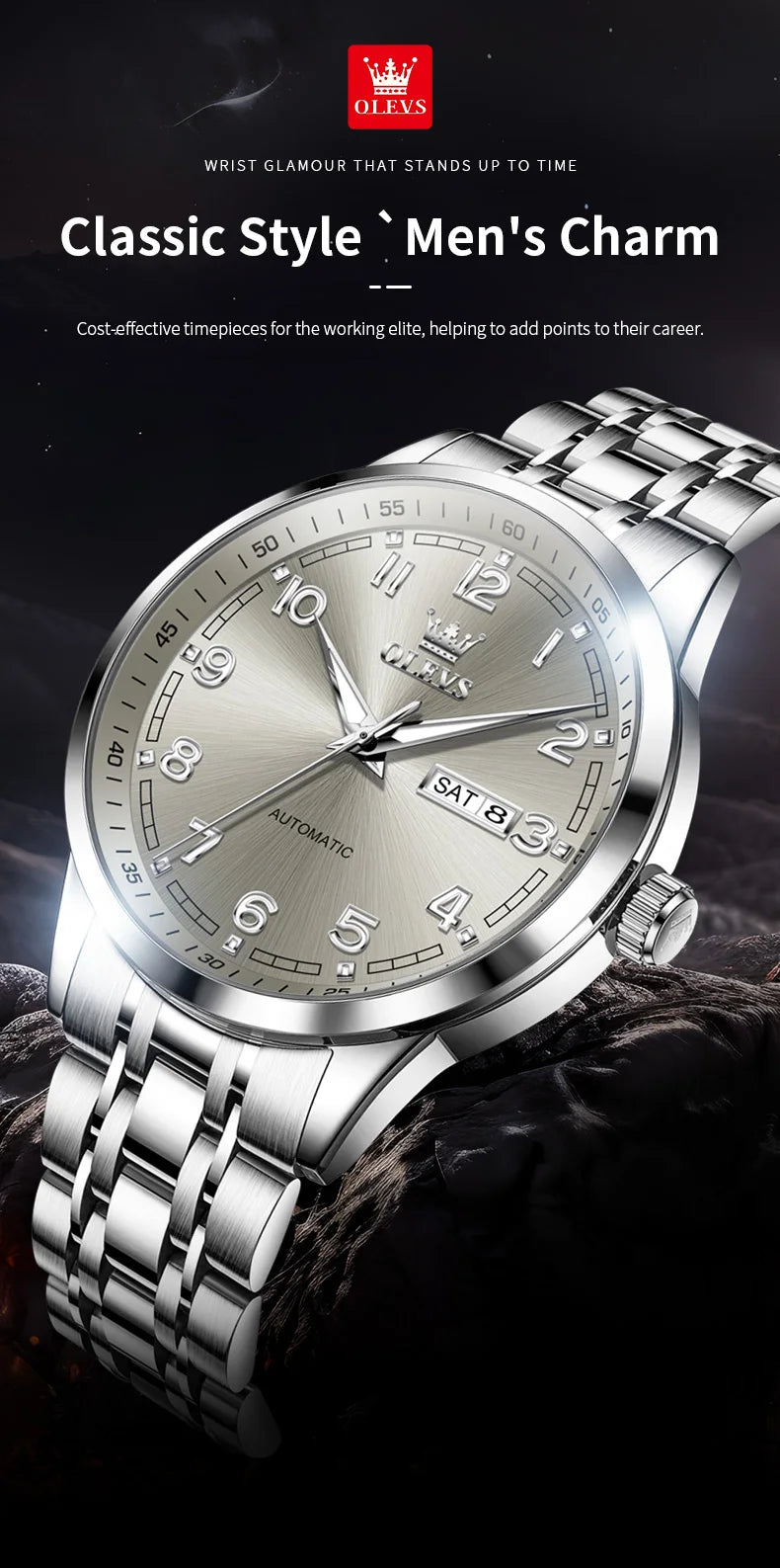 OLEVS Luxury Watch For Men automatic mechanical Wristwatches Classic Men Watch Waterproof Gray Dial Luxury Brand Date Week 7077