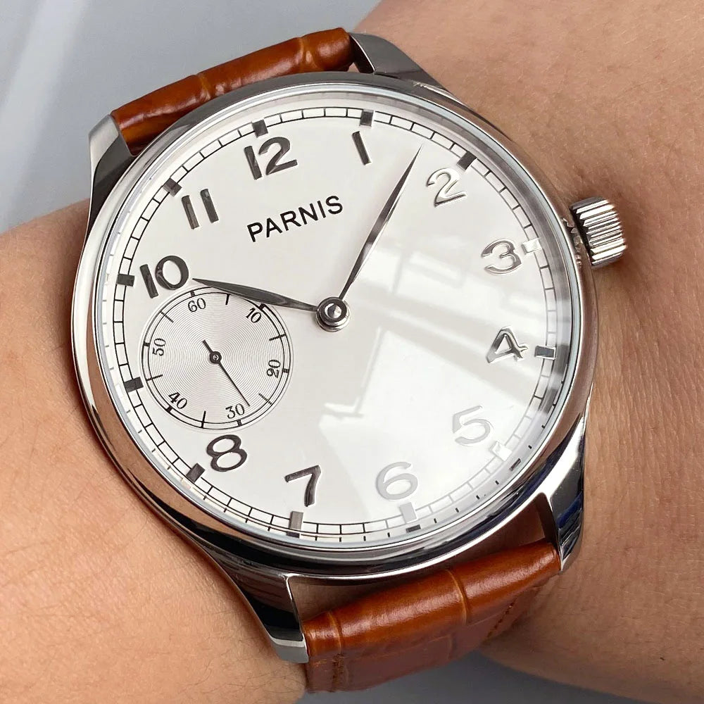 Retro Watch for Men Asia 6497 Hand Winding Movement Black White Mechanical Manual Winding Mineral Crystal 44mm Transparent Back