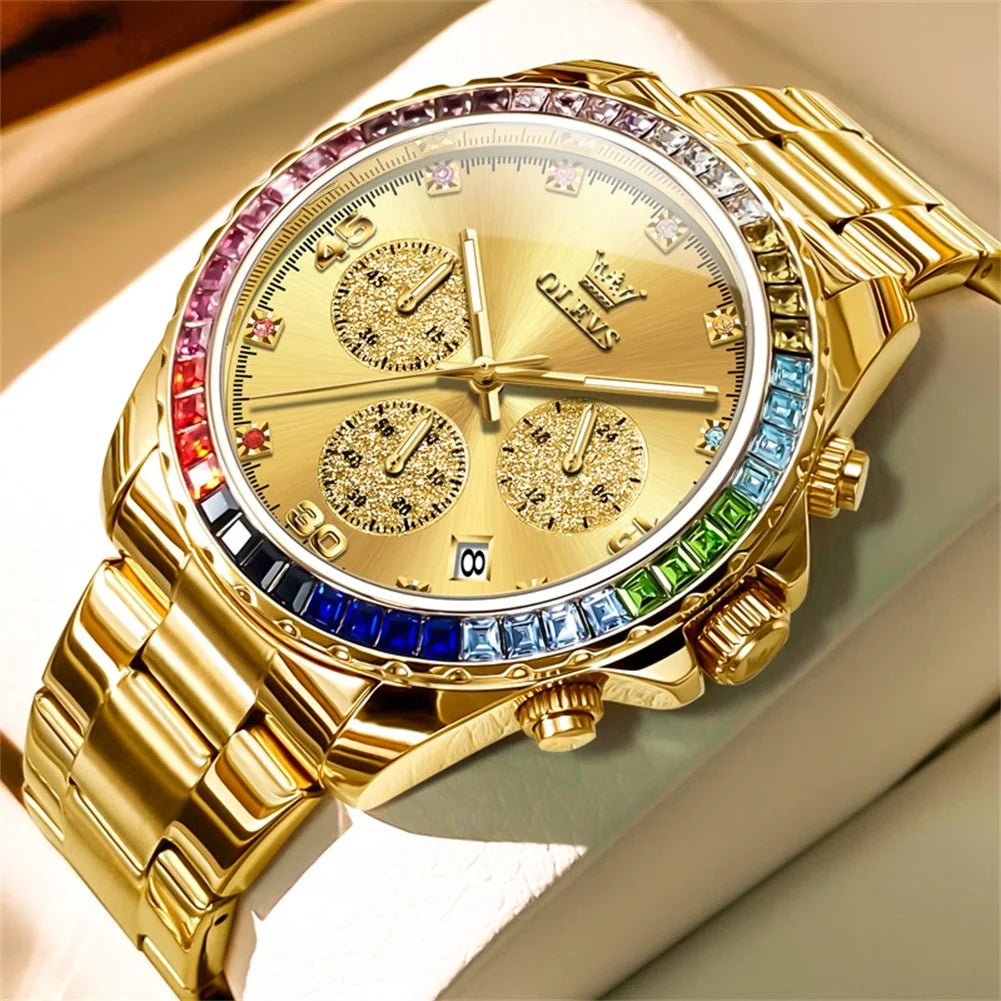 Watches For Men OLEVS Original Rainbow Gem Light Rose Gold Luxury Series Quartz Watch Waterproof Steel Strap Men's Watch New