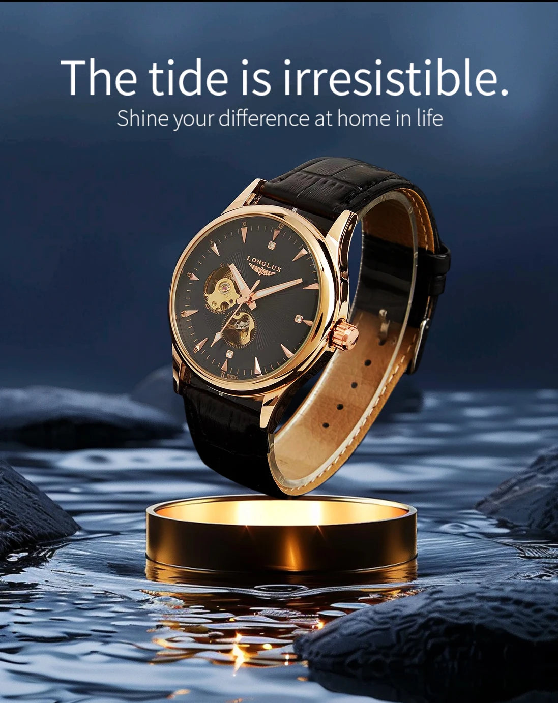 Automatic watch elegant skeleton waterproof mechanical watches leather simple rome mens watch men gift