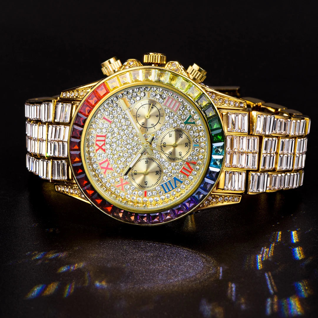 Chronograph Men Quartz Watches Waterproof Rainbow Diamond Luxury Iced Out Watches For Men Gift Dropshipping uhren für herren
