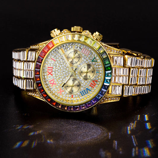Chronograph Men Quartz Watches Waterproof Rainbow Diamond Luxury Iced Out Watches For Men Gift Dropshipping uhren für herren