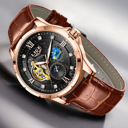 LIGE Top Luxury Mechanical Watches Men Fashion Diamonds Automatic Mens Watch 30M Waterproof Luminous Wristwatch Male Reloj 2026