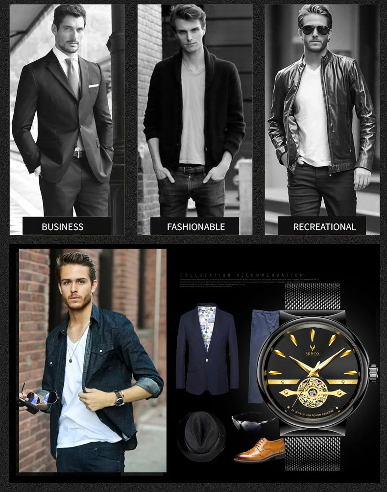 2025 SKROX Original High-End Luxury Elegant Automatic Movement Clockwork Thin Man Watch Mechanical Waterproof Male Wrist Watches