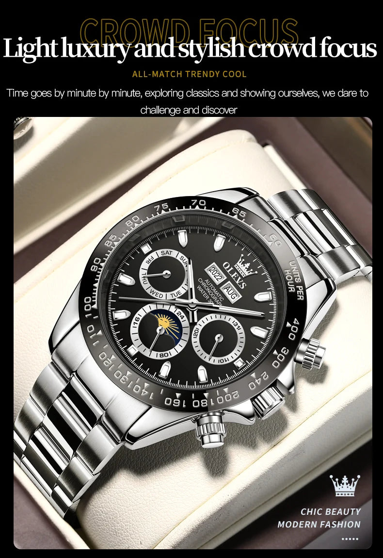 OLEVS 6654 Top Brand Men's Watches Classic Fashion Automatic Mechanical Watch for Man Complete Calendar Moon Phase Waterproof