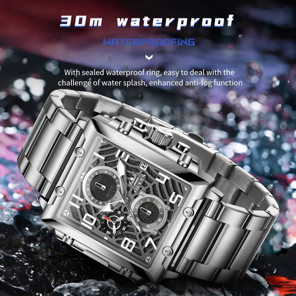 OLEVS 2958 Men Watch Fashion Business Square Quartz Watch Luxury Brand Waterproof Chronograph Formal Sports Men Watch Box Reloj