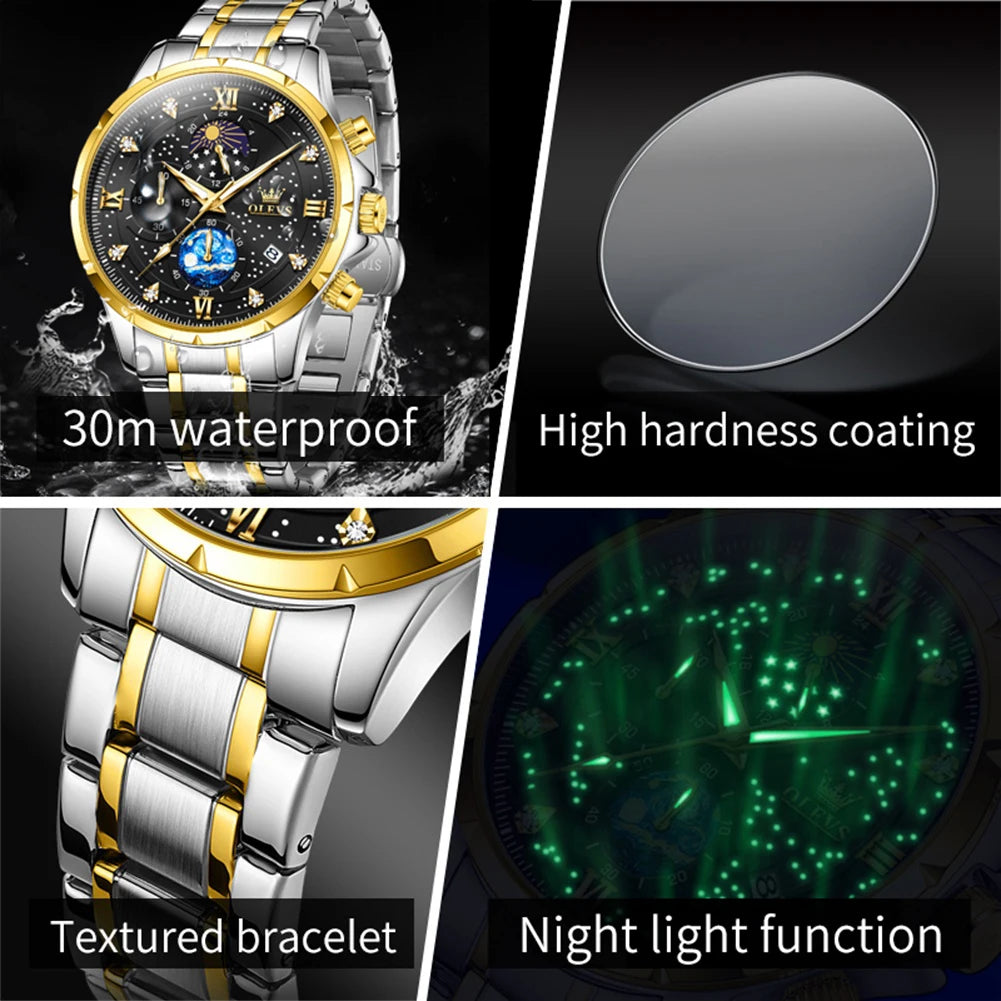 OLEVS 9807 New Mens Watches Original Quartz Watch Multifuncion Chronograph Watch For Man Waterproof Luminous Mens Gifts Freebie